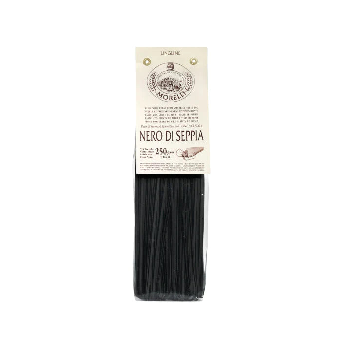 Morelli Linguine with Black Squid Ink 250g packaged pasta with black squid ink.