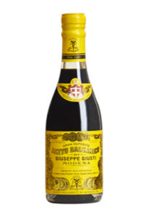 Balsamic Vinegar 4 Gold Medals 16 Years IGP 250ml in decorative bottle with yellow label.