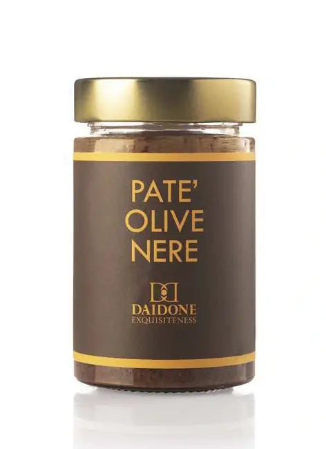 Black Olive Pâté 180g in a glass jar with a golden lid and Daidone Exquisiteness label.