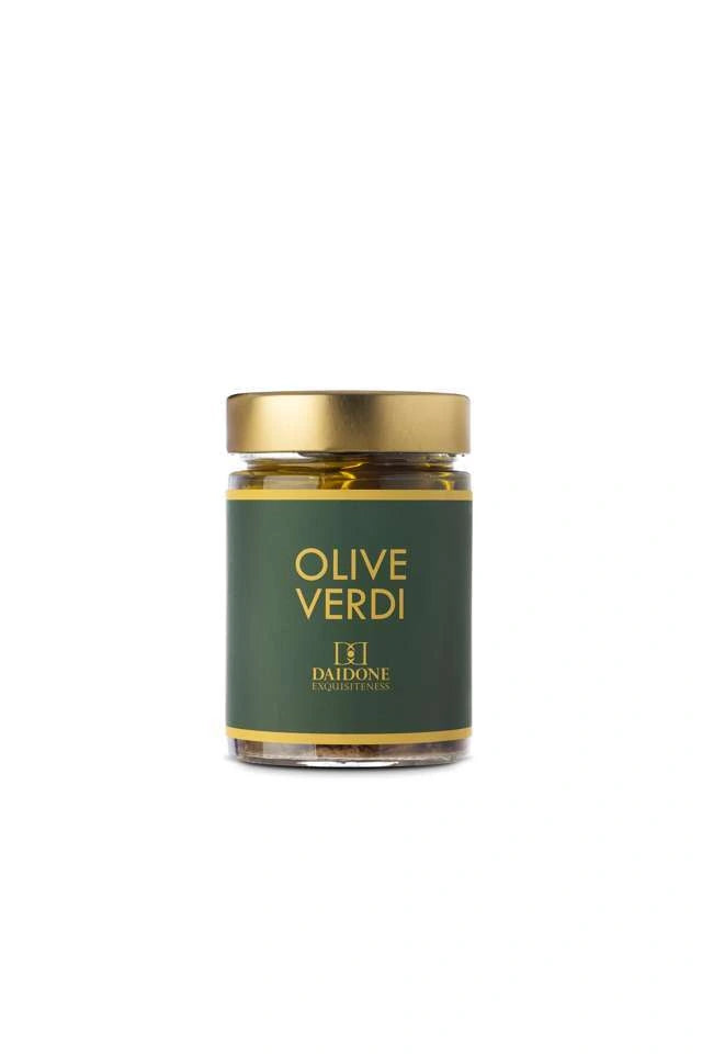 Sicilian Green Olives 300g in a jar from Daidone Exquisiteness, featuring a green label and golden lid.